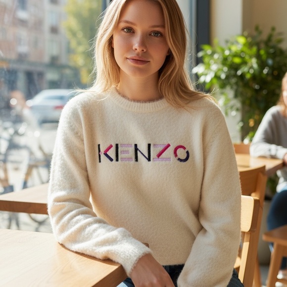 Kenzo Kids‎ Faux Fur Logo Sweater 14Y Fits Women XS Off White K15592 - Picture 4 of 7